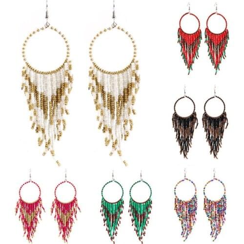 2021 New Hot Women Behomia Beads Tassel Earrings Vintage Handmade Circle Colorful Dangel Earring Christmas Gift Fashion Jewelry