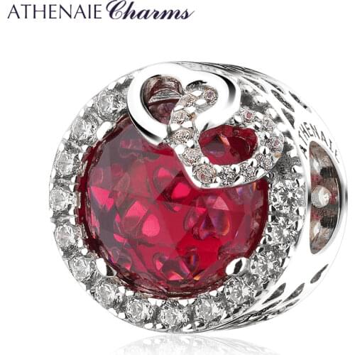 ATHENAIE Valentines Day Sparking Red CZ Entwined Hearts Charms fit Women Bracelet 925 Sterling Silver Jewerly