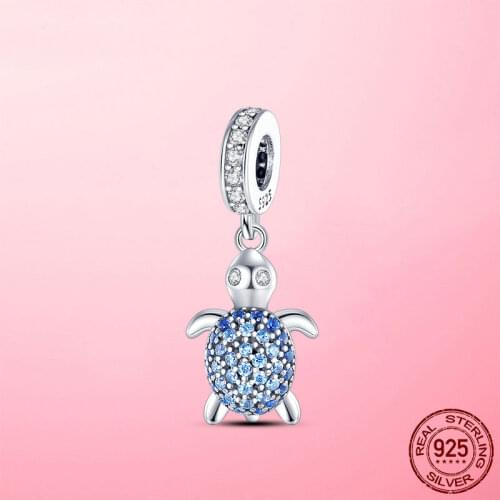Summer New 925 Sterling Silver Blue CZ Sea Turtle Tortoise Charm Pendant fit Charms Beads Pandora Bracelet Original DIY Jewelry