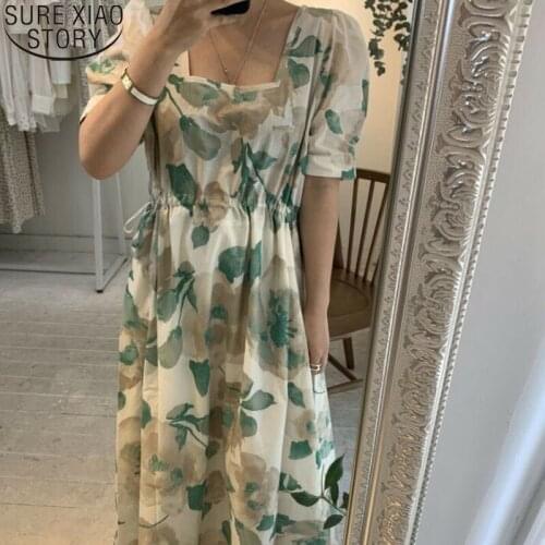 Summer Dress Fashion Women Cotton Square Collar Floral Dress for Women Vintage High Waist Loose Long Dresses Chic Vestidos 14232