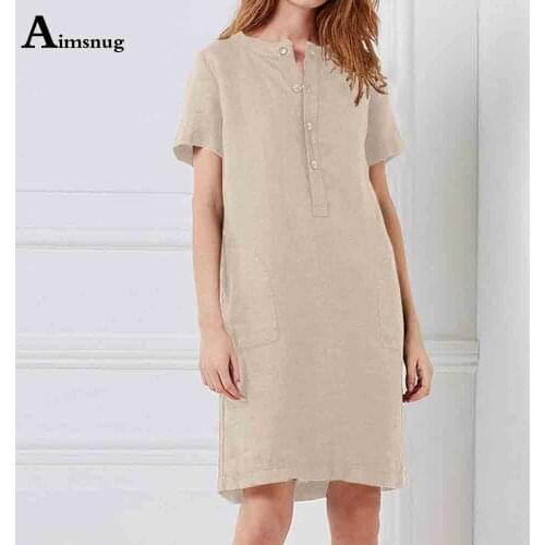 2021 Cotton Linen Sweet Dress For Women Pullovers Short Sleeve Beach Dress Summer Knee-Length Dresses Plus Size Femme Clothing