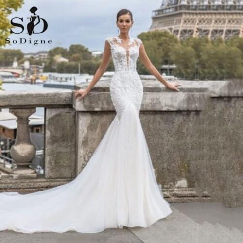 SoDigne Mermaid Wedding Dress Sexy O Neck Ivory Soft Tulle with Lace Appliqued Bridal Dresses Wedding Gowns