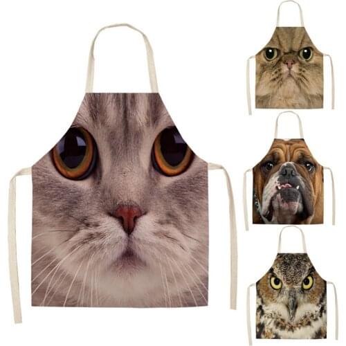 1 Pcs Cat Tiger Dog Owl Printed Kitchen Apron Sleeveless Cotton Linen Aprons For Cooking Home Cleaning Tools