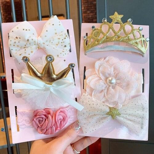3pc/se tHeadband Lace Flower Sequin Crown Bow Newborn Hairband Princess Girl Elastic Hairband Headdress