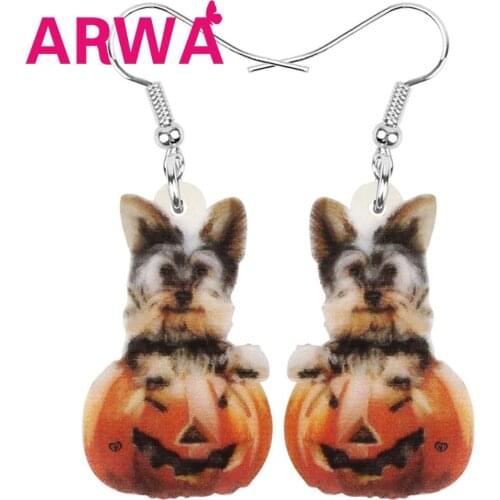 ARWA Acrylic Halloween Pumpkin Head Yorkshire Dog Earrings Cute Pet Dangle Drop Jewelry For Women Kid Friends Gifts Charms