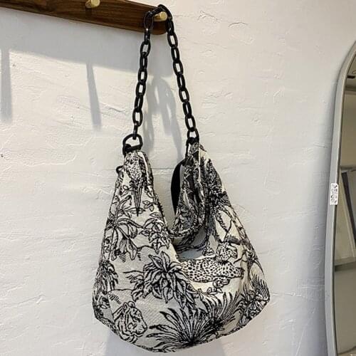 Retro Women Canvas Large Shoulder Crossbody Bag Embroidery Flower Chain Casual Canvas Women Handbags Designer Handbags