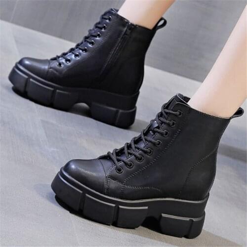 Military Riding Combat Women Cow Leather Platform Wedge Ankle Boots Punk Goth High Heel Oxfords Punk Creeper Shoes 34 -39