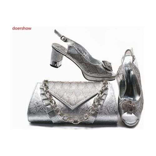 Doershow new come Italian silver Shoes With Matching Bags African Women Shoes and Bags Set For Prom Party Summer Sandal STB1-19