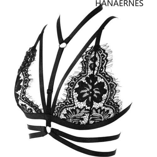 HANAERNES Womens Sexy Lace Caged Bra Bondage Lingerie Elastic Adjust Back Tops Body Harness Goth Fetish Burlesque Garter Belt