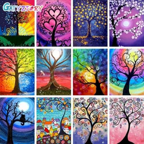 Gatyztory Frame Tree Painting By Numbers Scenery Canvas Drawing Handpainted Kits Acrylic Paints Art Unique Gift Wall Decor