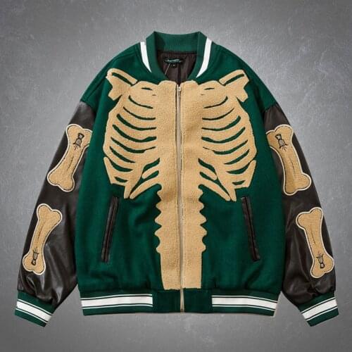 High Street Furry Bone Patchwork Baseball Jackets Mens Hip Hop Harajuku College Style Jacket Unisex Oversize Bomber Coats Male