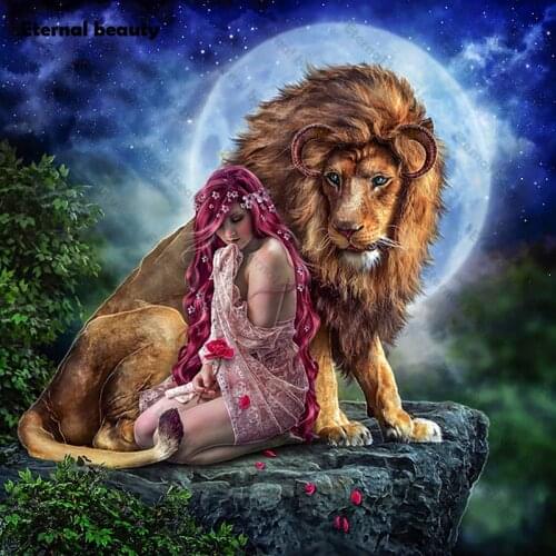 Lion and Beauty Diamond Painting 5D Diy Square/Round Drill Cross Stitch Kits Diamond Embroidery Wall Rhinestones Home Decor Gift