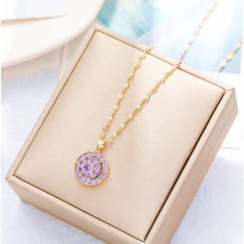 Hot Sale Net Red Fashion Purple Diamond Zircon Rotating Pendant Clavicle Necklace Round Full Diamond Necklace Pendant