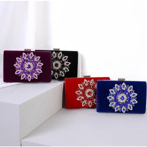 Fashion Velvet Rhinestone 4 Colors Small Women Clutch Designer Purple/Blue/Black Shoulder Crossbody Phone Handbags Party Purses