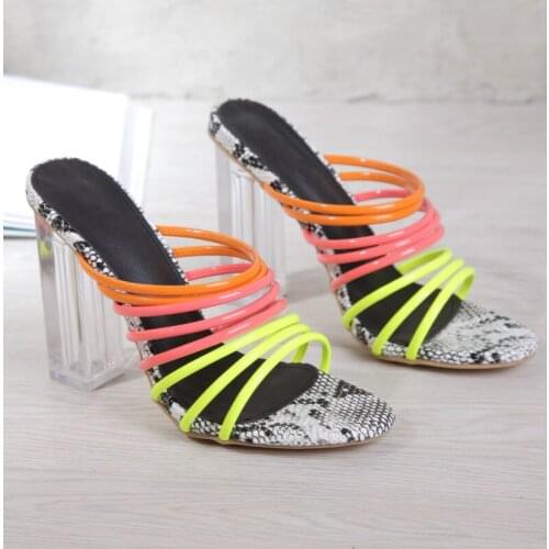 Fashion Crystal thick heel Women Slippers Square Open Toe Slippers Slip On Slides New Colored ribbons Summers Beach women shoes