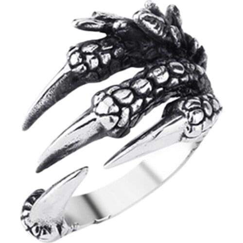 Exaggerated Domineering Punk Men’s Dragon Claw Ring Personality Hiphop Rock Vintage Trendy Resizable Eagle Claw Ring Alloy
