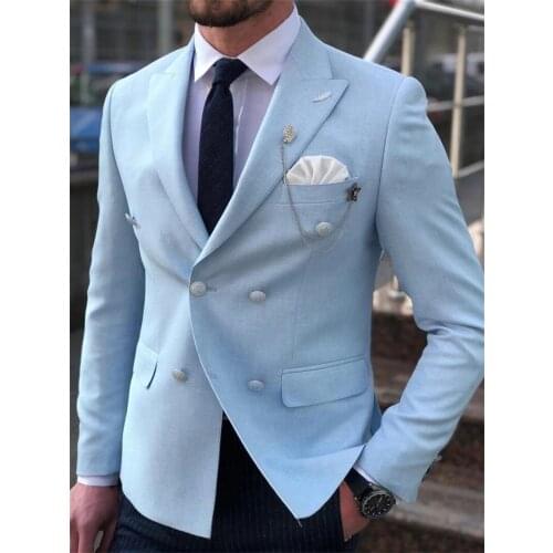 Sky Blue Double Breasted Men Suits Stripe Pant Costume Homme Prom Slim Fit Tuxedo Wedding Groom Terno Masculino Blazer 2 Pieces