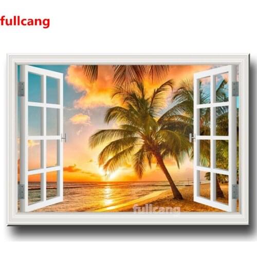 Full Diamond Painting Window Sea Beach Cross Stitch Embroidery Needlework Set Mosaic Nature Landscape Crafts Kit Wall Art JX2380