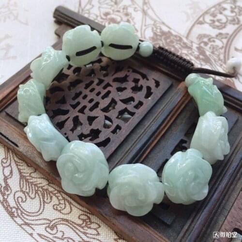 Natural Jadeite Engraving Rose Beads Elastic Bracelet Charm Jewellery Fashion Hand knitted Man Woman Luck Gifts Amulet New