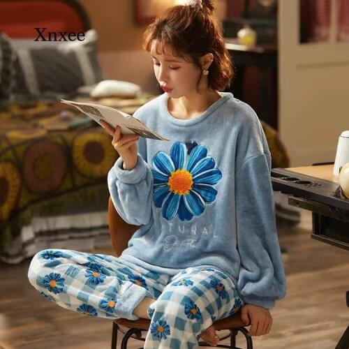 2021 Autumn and Winter Womens New Warm Flannel Pajamas Set Thick Coral Fleece Long-Sleeved Cartoon Pajamas Flannel Pajamas Set