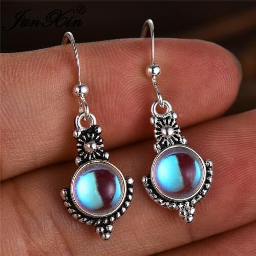 New Fashion Clear Round Moonstone Drop Earrings Female Silver Color Rainbow Stone Earrings For Women Long Double Dangle Earrings