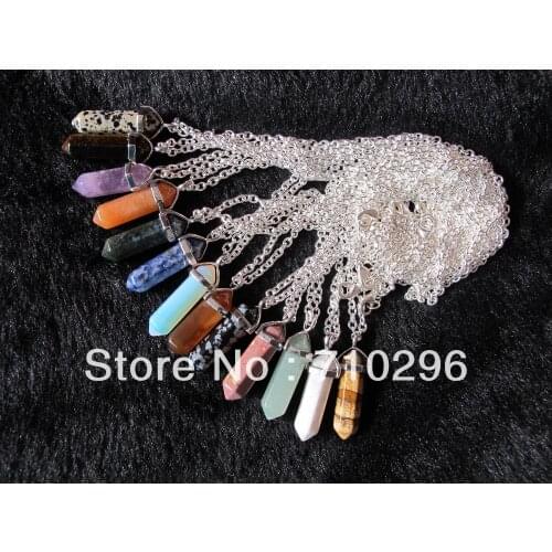 Mixed lot Natural stone Point Pendants Gem stone necklace with silver plated necklase 10pcs/lot
