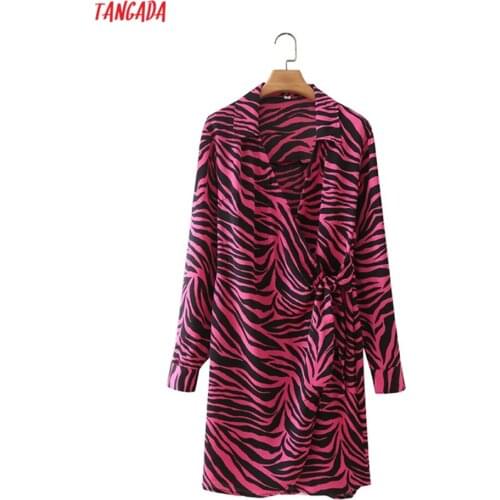 Tangada 2021 Autumn Fashion Women Zebra Print Shirt Dress Long Sleeve Office Ladies Mini Dress With Slash 2M256