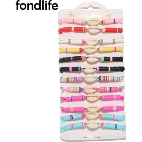 Boho Multicolor Polymer Clay Heishi Disc Beads Rope Braided Bracelet 12pcs Wholesale Seashell Colorful Summer Beach Jewelry