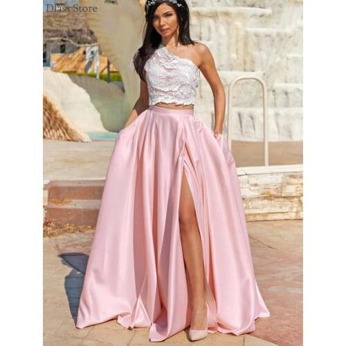 2021 Rose Pink Prom Dress Satin Floor Length One Shoulder Split Two Pieces Simple One Shoulder Evening Dress vestidos de fiesta
