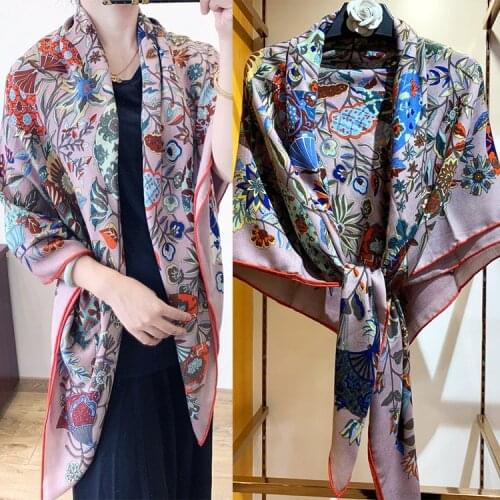 Scarf Silk Cashmere Blended Women Winter Scarves Female Large Shawls Square Wraps Pashimina Hand-rolled Edges Flower Butterfly