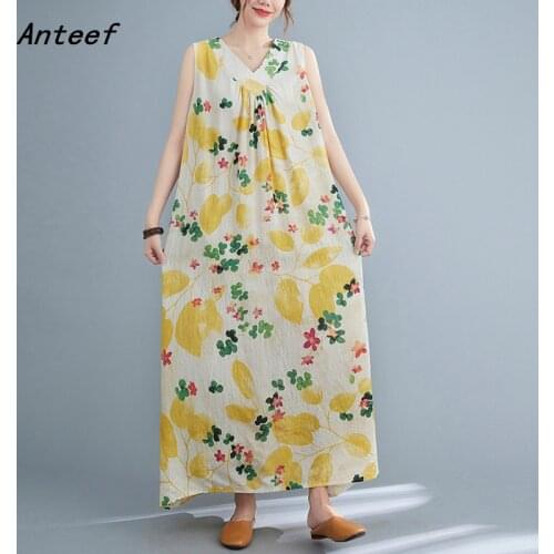 Sleeveless cotton vintage floral dresses for women casual loose long woman summer dress elegant clothes 2021 sundress