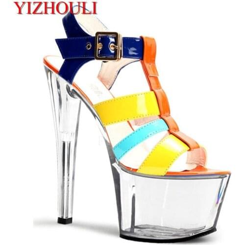 Height 17 cm, transparent waterproof platform, colorful vamp sexy banquet princess sandals, dancing shoes