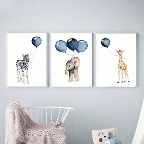 Zebra Elephant Deer Blue Balloon Baby Nursery Wall Art Poster Prints Gender Neutral Boy Girl Kids Room Décor Baby Shower Gifts
