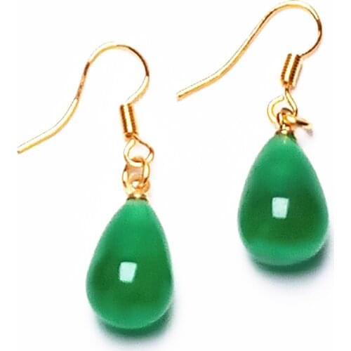 Koraba 14k Yellow Gold Plated Green Jade Water Drop Dropping Necklace Hook Earring