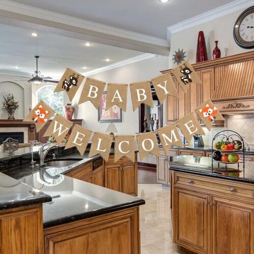 Woodland Animal Welcome Baby Burlap Banner Woodland Creatures Fox Fawn Forest Friend Garland for Baby Shower Party Decoration