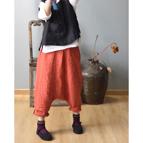 Women Solid Color Patchwork Linen Elastic Waist Harem Pants Ladies Vintage Plus Size Flax Harem Trousers Female 2020 Loose Pants