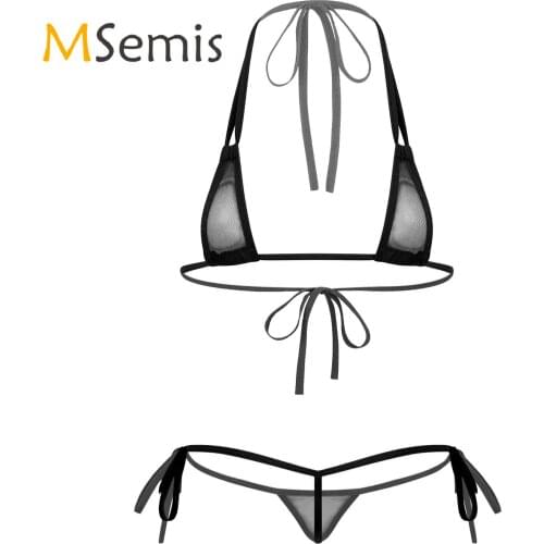Womens See-through Micro Bikini Set Lingerie Suit Triangle Swimwear Mesh Strappy Halter Neck Bras Tops T-Back Thong Briefs