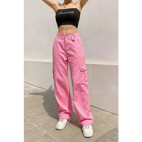 2021 female autumn new casual high street big pocket straight leg pants solid color high waist hip hop pants youth pink S/M/L