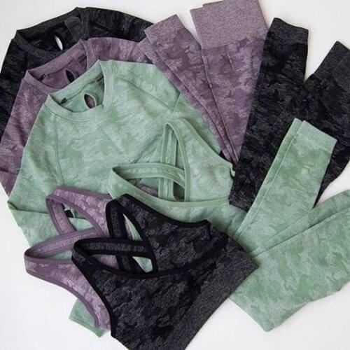 Yoga Set Women Seamless Camouflage Long sleeves Tops Shirt High Waist Leggings Fitness Sport GYM Camo Suits Tight Workout pants
