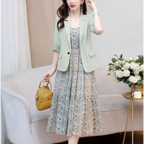 2021 Spring And Autumn Womens Elegant Office Fashion Slim Solid Color Suit Coat + Knee length Floral Waist Dress Two Piece Suit