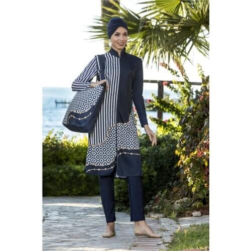 Womens Navy Blue Gold Full Off Hijab Swimwear Turkish' Muslim Swimsuit Burkinis Modest Clothing Islamic Long Sleeves Hijab Full C