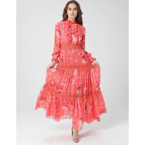 Spring Summer 2021 Fashion Elastic waist Boho Maxi Dresses Womens Long Sleeve Flowers Print Holiday Elegant beach Long Dress