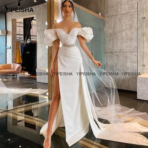 Yipeisha Sexy High Slit Evening Gown vestidos formales Off-shoulder Mermaid Celebrity Dresses White Puff Sleeves Party Dress
