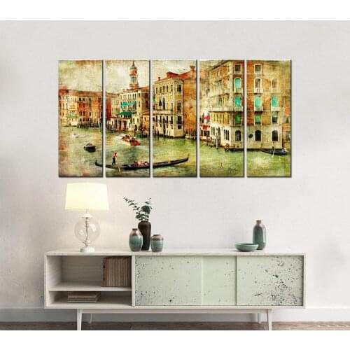 5 Piece Canvas Wall Art Retro decorative Oil Painting, boat,Venice, Italy - Modern Home Decor Stretched Framed Drop shipping