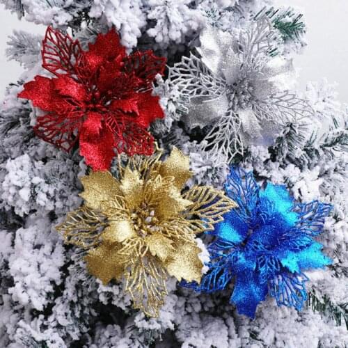 5pcs Large Glitter Poinsettia Artificial Flower Flower Heads For Wedding Party Home Decor Xmas Merry Christmas Tree Ornaments