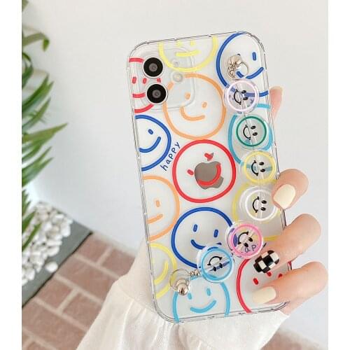 Wrist Chain Case for iPhone 12 Pro 7 8 Plus XR XS Max Transparent Cases Cute Smiley Bracelet Chain Hanging Case for iPhone 11 SE