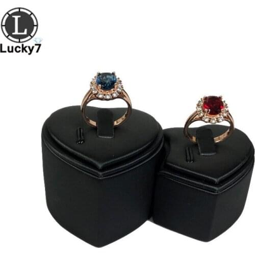 Fashion Ring Display 1 Pair Heart Lovers' Ring Stand Jewelry Display Exhibition Holder Black PU Leather Showed Rack