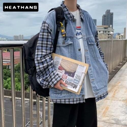 Jean Jacket Mens New Patchwork Plaid Sleeves Fake Two-piece Denim Jacket Mens Japanese Casual Wind Jacket For Male Fashion Coat