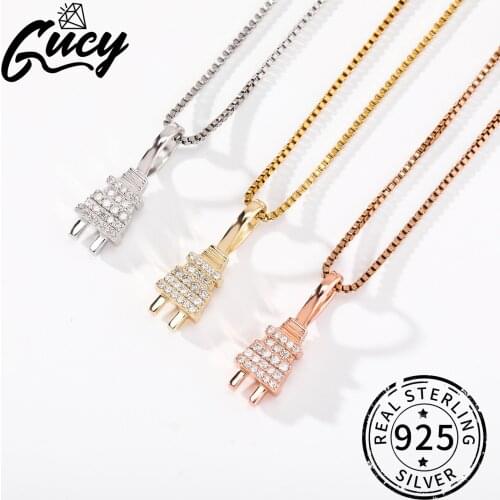 GUCY 925 Sterling silver Women Iced Out Bling Plug Pendant Necklace Gold Silver Color Charm Micro Pave Full CZ Hip Hop Jewelry