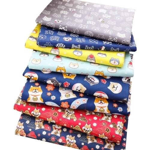 Lucky Cat And Dog Print Cotton Fabric By The Meter Twill Calico Quilt Sewing Materials Japanese Style Cloth TJ1395